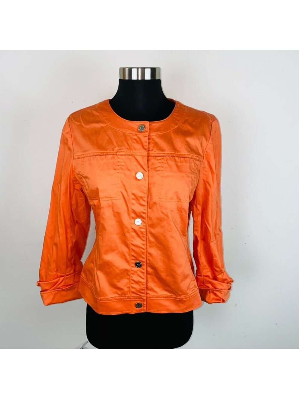 AK Anne Klein Womens Button Down Jacket Orange Collarless Ruffled Sleeves S